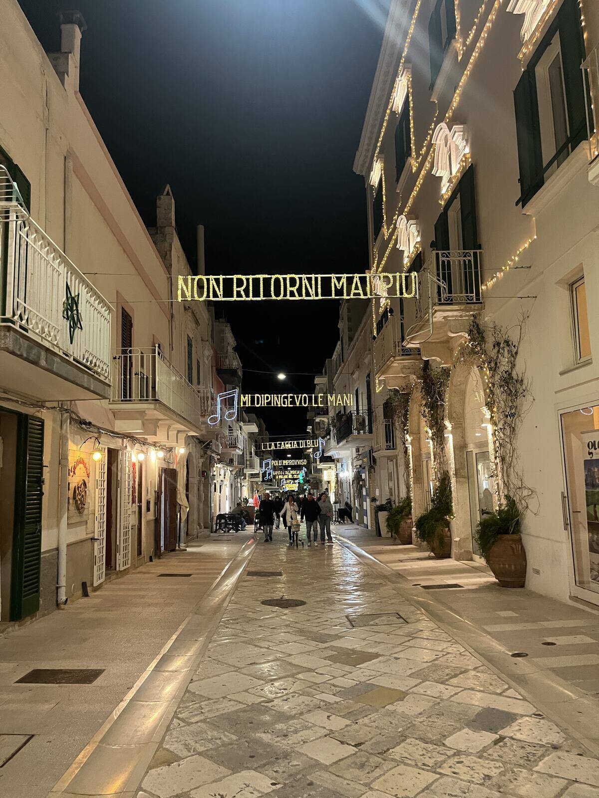 A Polignano street at night decorated with illuminated song lyrics